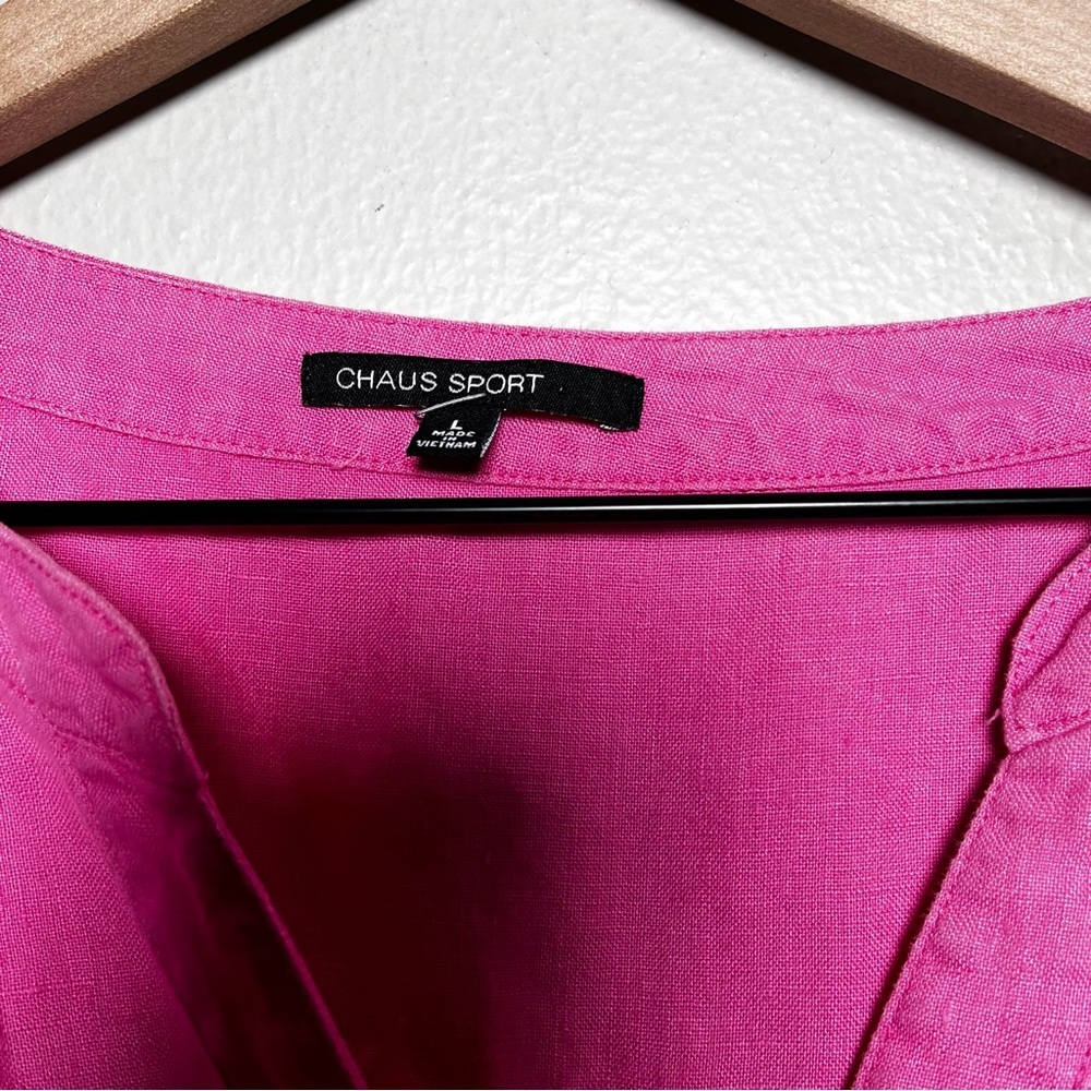 Chaus Sport Women 100% Linen Top XL Hot Pink Button Front Coastal Roll Tab Beach - Picture 2 of 8